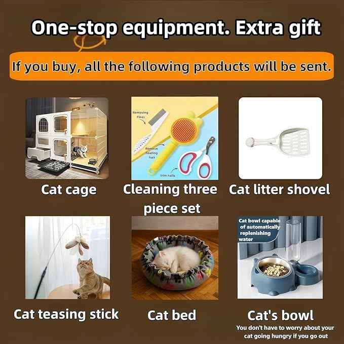 Indoor cat cage with Litter Box, Complimentary Cat Bed, Bow,lcat House with Wheels Outdoor,Large cat Villa Playpen, Small Animal Dog Kennel cat enclosures (42″(L) x18.2″(W) x32.4″(H))