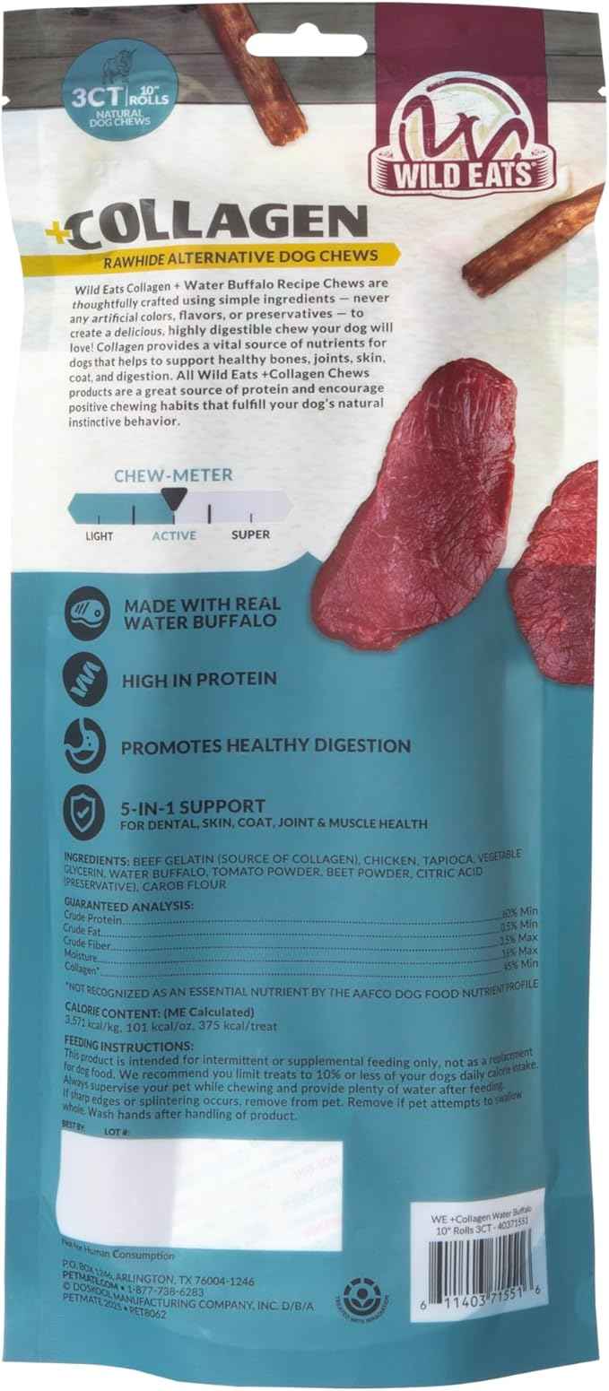 Wild Eats Water Buffalo Flavor Collagen Retriever Style Cheek Rolls 10" Dog Chews-3 Pack (Long Lasting Dog Chews Treats & Bones for Medium Dogs) Substitute for Pig Ears for Dogs