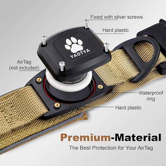 2026 Upgrade Dog Collar with IPX8 Waterproof AirTag Holder,Military Tactical Comfortable Control Handle and Ultra-Durable Metal Buckle/Night Reflective,GPS Collar for Medium to Large Dogs（Khaki/M）