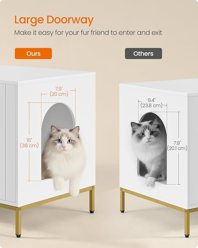 Feandrea Double Cat Litter Box Enclosure, Hidden Litter Box Furniture with Double Room, for 2 Cats, Modern Style, 47.2" Pet House Washroom Cabinet, Side End Table, TV Stand, White and Gold