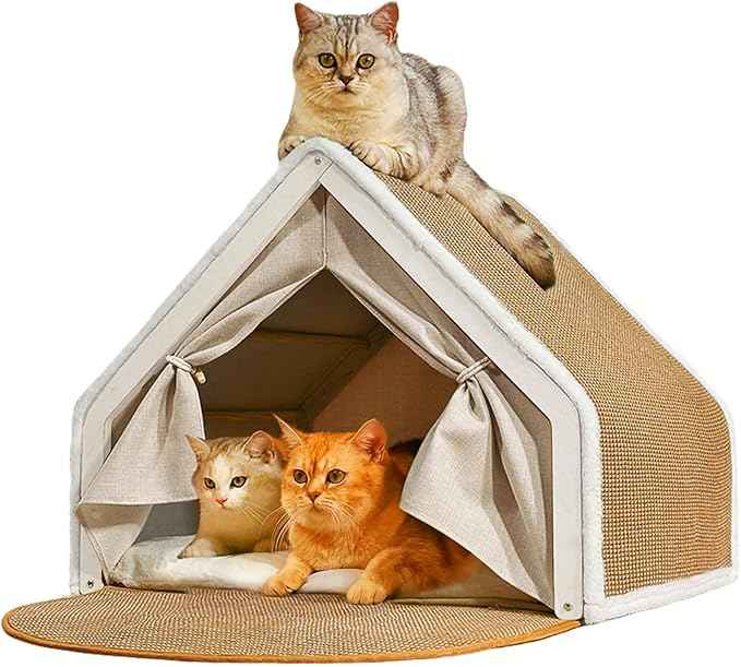 Cat Houses for Indoor Cats - Large Cat Bed Cave with Natural Sisal Cat Scratcher Mat, Solid Wood Frame Cat House with Curtains and Cat Floor Scratching Pad Rug, Protect Couch and Carpets, L