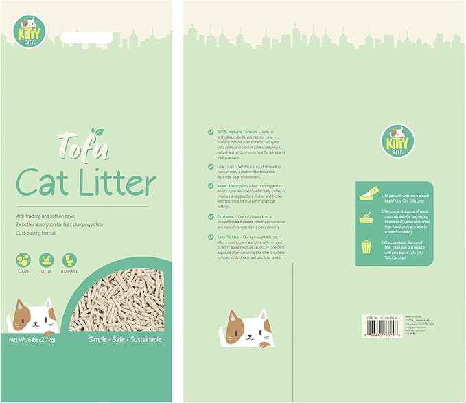 Kitty City Tofu Cat Litter, 100% Natural Plant-Based Formula, Fast Clumping, Low Dust, Flushable & Super Absorbent, Lightweight Cat Litter, 6 lb