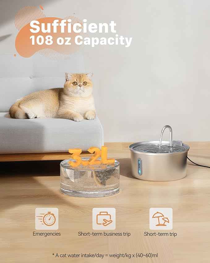 Cat Water Fountain Stainless Steel: 108oz/3.2L Cat Fountain for Drinking - Pet Water Fountain for Cats Inside - Automatic Cat Water Dispenser Bowl - Cat Feeding & Watering Supplies 6 Filters 3 Sponges