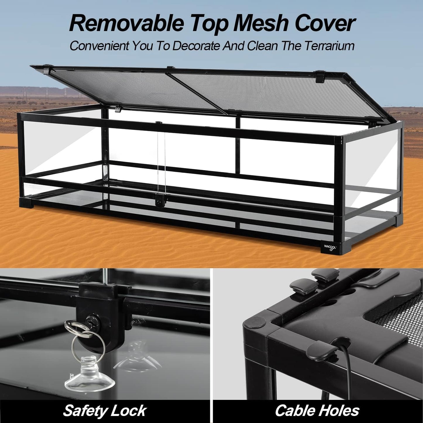 Large Reptile Tank 45 Gallon, 360°Full Vision Glass 48“ Long & 12” Low Reptile Terrarium with Top Mesh Lid for Tortoise Snake Ball Python - FurryFun