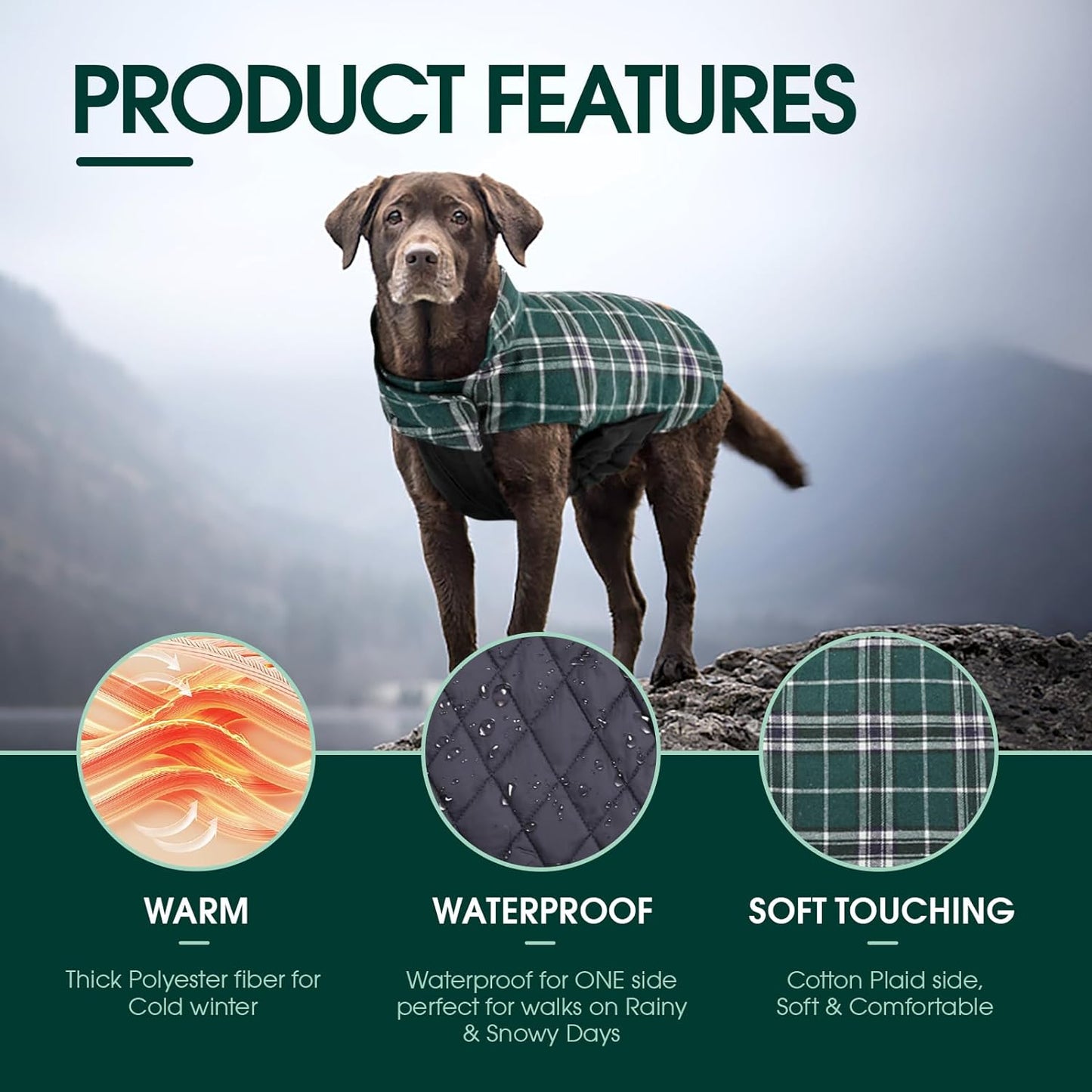 Kuoser Warm Dog Coat, Waterproof Dog Jacket for Extra Large Dogs, Adjustable Durable XL Doggie Winter Coat Reversible Cozy Puppy Cold Weather Apparel from Small to Large Breed, Green XL