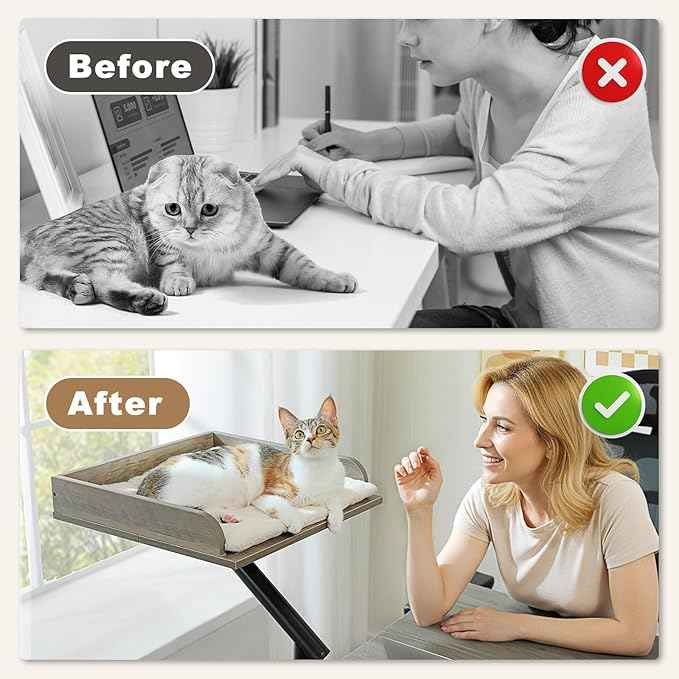 PAWZ Road Cat Desk Bed, Wooden Cat Bed for Desk Supports Up to 50 lbs, 360° Rotation & Adjustable, Nest Desktop Attachment Cats Hammock for Table, Gray
