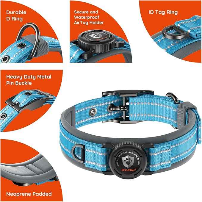 Upgraded AirTag Dog Collar with Holder, Waterproof Reflective Air Tag Dog Collar with Widened Comfortable Padding & Ultra-Durable Metal Buckle, Adjustable for Medium Dogs (M, Blue)