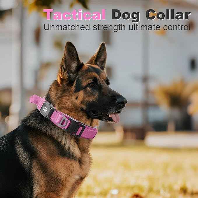 2026 Upgrade Dog Collar with IPX8 Waterproof AirTag Holder,Military Tactical Comfortable Control Handle and Ultra-Durable Metal Buckle/Night Reflective,GPS Collar for Medium to Large Dogs（Pink/M）