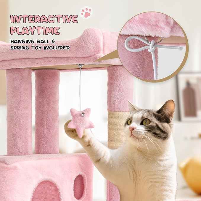 MoNiBloom 36 Inch Cat Tree Tower with Condo, Small Cat Tower with Scratching Post & Sisal-Covered Scratching Board, Climbing Tower with Hammock, for Indoor Cats, Soft Pink