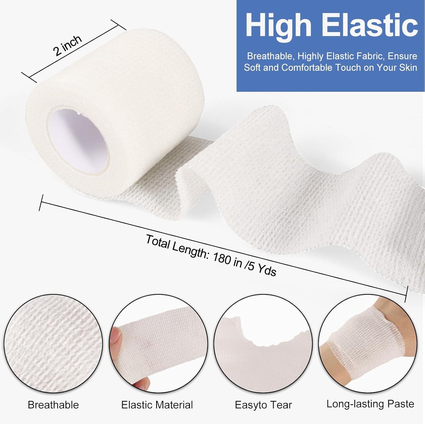 24 Pack White Self Adhesive Bandage, 2” x 5 Yards Medical Wrap, Cohesive Bandage Wrap, White Tape Baseball, Self Stick Bandage Tpae, First Aid Gauze for Ankle, Leg, Arm