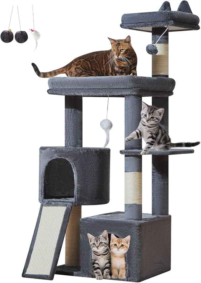 Taoqimiao Cat Tree for Indoor Cats, 55.1In Sturdy Cat Tower, Large Platform, Rotatable Round Condo with Large Scratch Board, Extended Cat House, Thickened Full-Sisal Scratching Post, Smoky Gray, F10G