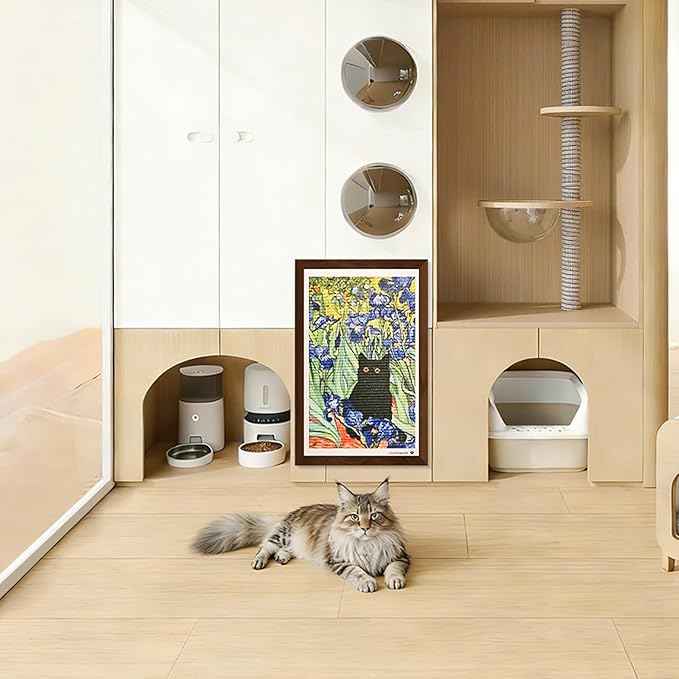 Wall Art Cat Scratcher Sisal Mat, No-Drill Wall Mounted Cat Scratch Pad with Frame, 13.8 x 21.7 Inch Cat Wall Scratchers for Indoor Cats（Irises）