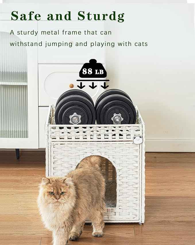 Cat Beds for Indoor Cats Extra Large Double Cat Cave Pet Cube, Handwoven Rattan Cat Houses with Double-Sided Soft Cushions, 18.5 x 20.5 x 19.1 Inches Foldable Hideaway in Living Room White