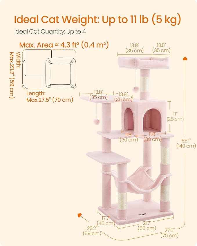 Feandrea Cat Tree, 55.1-Inch Cat Tower, Plush Multi-Level Condo with 4 Scratching Posts, 2 Perches, Hammock, Cave, Jelly Pink UPCT161P01