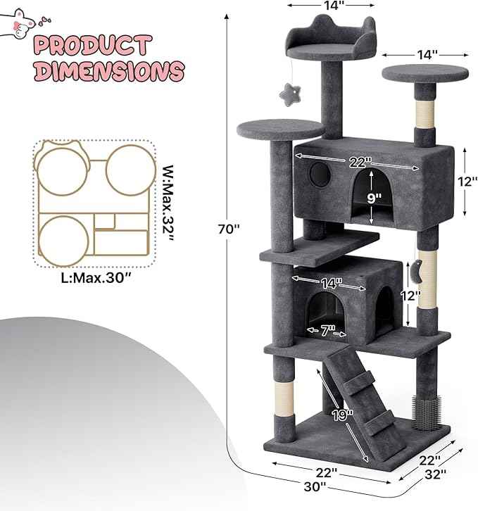 MoNiBloom 70 Inch Cat Tree Tower for Indoor Cats Large Adults, Tall Cat Tower with Scratching Post, Multi-Level Furniture Activity Center with Cat Condo Pet Play House, Smoky Grey