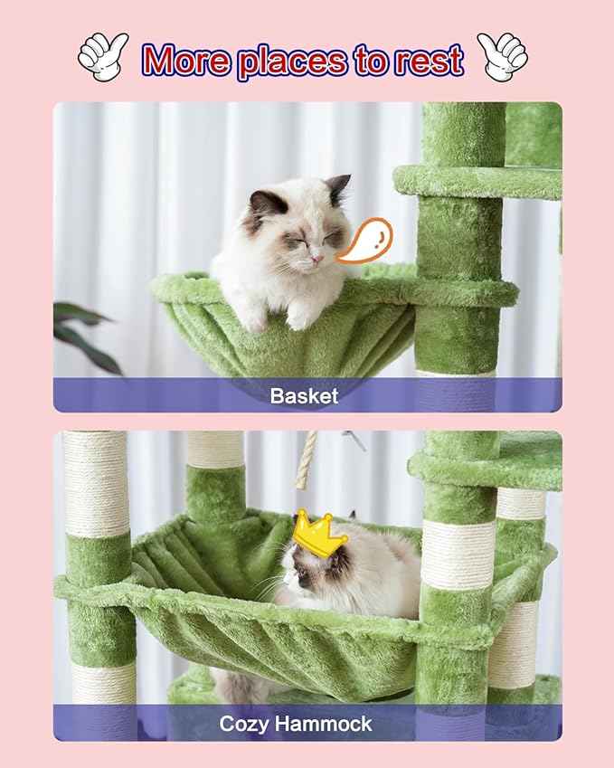 Cat Tree for Indoor Cats Large Adult, 74" Cat Tower with 3 Big Platforms, 2 Baskets, 2 Condos, Multi-Level Cat Scratching Posts, Green GCT030GR