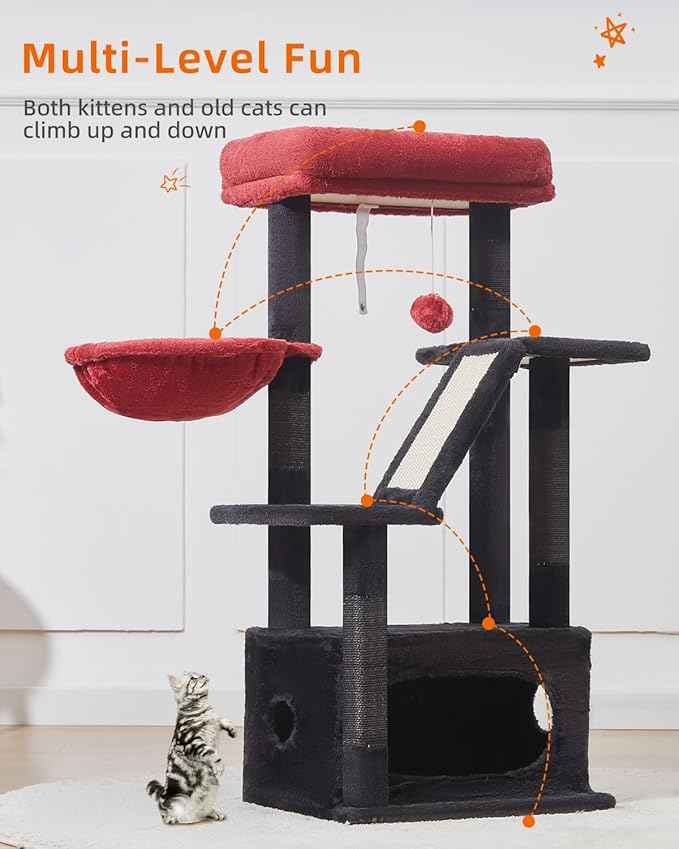 Taoqimiao Gothic Cat Tree,38.5-Inch Cat Tower for Indoor Cats,Suitable for Kittens with Luxurious cat condo with Adjustable Baskets and Luxurious Perch MS029SBR Black and Red