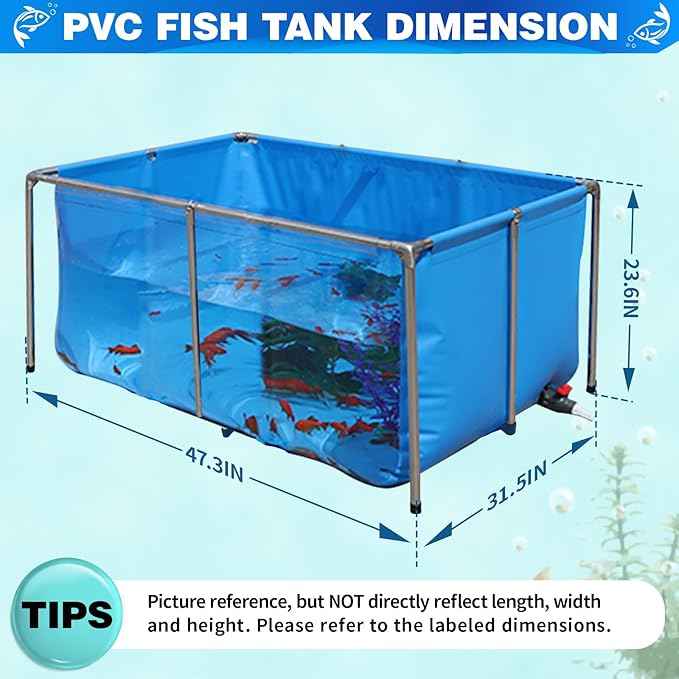 PVC KOI Aquarium Tank, Temporary Fish Tank with Clear Viewing Panel, KOI/Goldfish Pond with 304SS Frame & Drain Valve(47.3" L*31.5" W*23.6" H, About 135Gal Water Capacity)