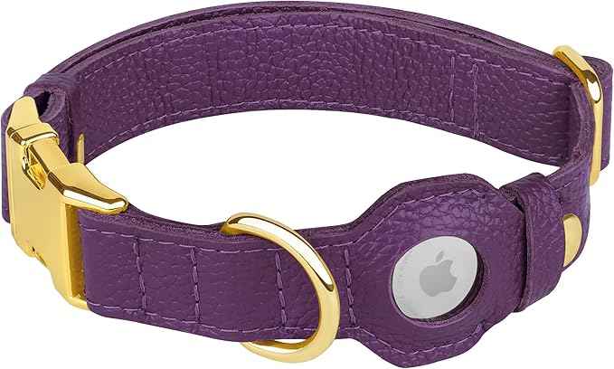 Leather Airtag Dog Collar - Soft Tracking Dog Collar with Apple AirTag Holder and Metal Buckle - Safety GPS Pet Collars for Small Medium Large Dogs Puppy Pink Red (Purple, L, 17"-21" Neck Fit)