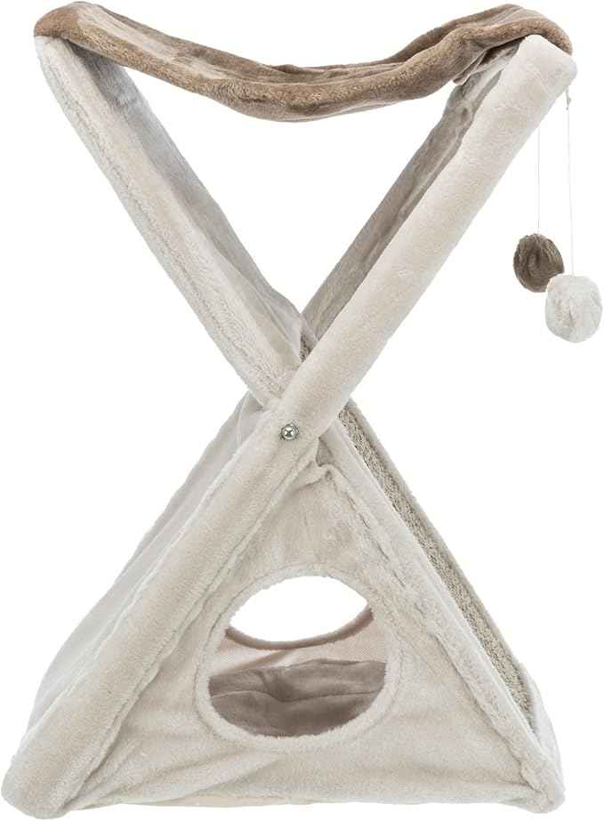 TRIXIE Miguel Fold and Store Cat Hammock, Indoor Cat Furniture with Dangling Toys, Scratching Pad, and Cave, Taupe/Light Gray