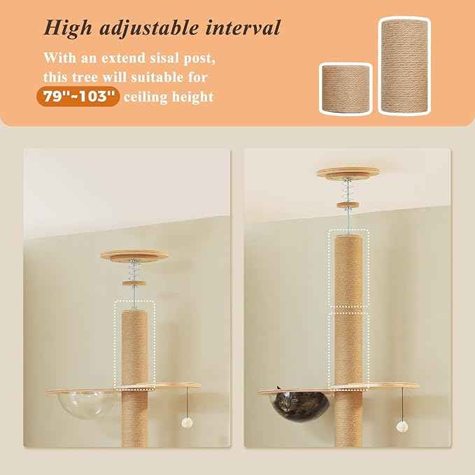 PETEPELA Floor to Ceiling Cat Tree, Adjustable Height(79-103'') Solid Wooden Tall Cat Tower for Indoor Cats with Sisal Scratching Post, Acrylic Bowl and Play Pompom, Wooden Beige