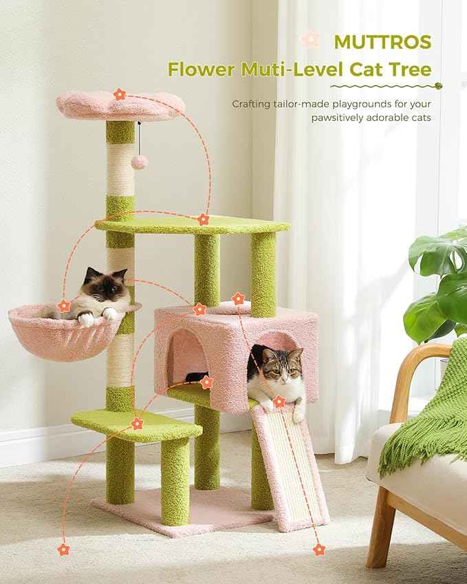 Flower Cat Tree 47.2" Multi-Level Cat Tower with Sisal Covered Scratching Posts, Cute Cat Condo for Indoor Small Medium Cats, Pink Top Perch, Fluffy Ball, Pink
