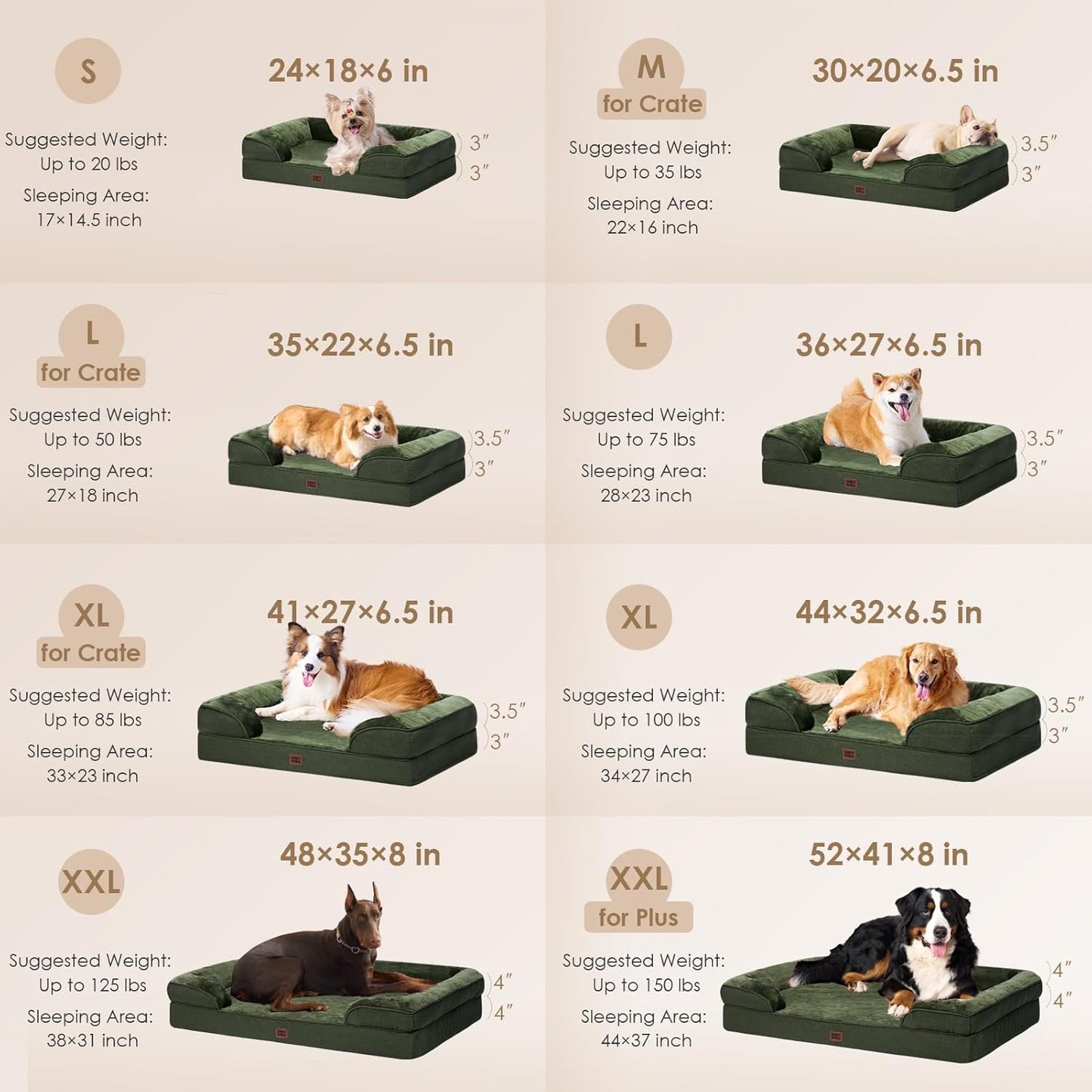 EHEYCIGA Orthopedic Dog Beds for Large Dogs, Waterproof Memory Foam Large Pet Bed with Sides, Non-Slip Bottom and Egg-Crate Foam Dog Couch Bed with Washable Removable Cover, Dark Green