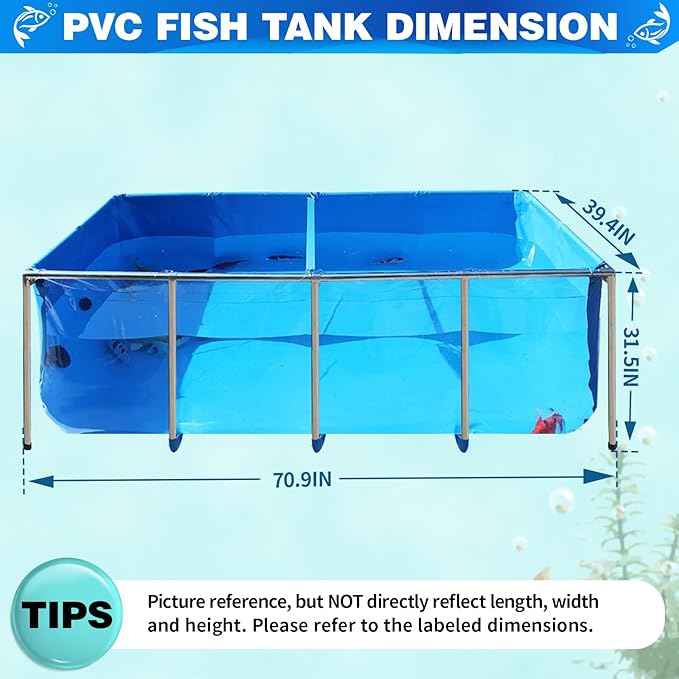 PVC KOI Aquarium Tank, Temporary Fish Tank with Clear Viewing Panel, KOI/Goldfish Pond with 304SS Frame & Drain Valve(70.9" L*39.4" W*31.5" H, About 345Gal Water Capacity)