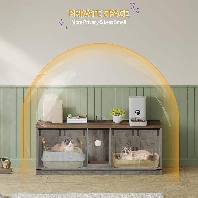 55" L Cat Litter Box Enclosure for 2 Cats, Double Hidden Litter Box Furniture with Scratch Pad, Wooden Cat Cabinet with USB Ports & Power Outlets, Farmhouse TV Stand, Greige CB82505X