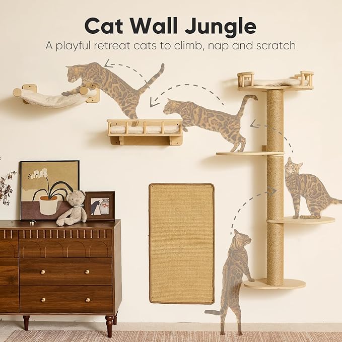 FUKUMARU Cat Wall Shelves, 4 in 1 Stable Wooden Wall-Mounted Furniture Set, Climbing Tree with Hammock, Bed, Perch and Scratching Mat (Beige)