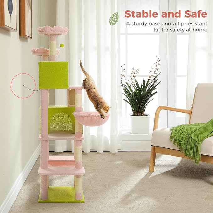 Flower Cat Tree Tall 70.8" for Adult Indoor Cats, 8-Levels Large Cat Tower with 8 Sisal Posts, 2 Hammocks, 2 Condos, Big Perch & 3 Pom Poms for Multi-Cats Household – Carpet Pink