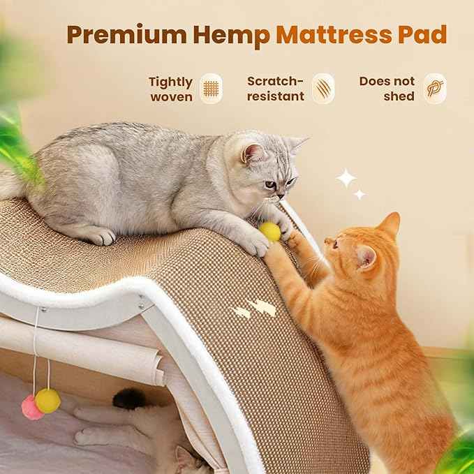 Cat Houses for Indoor Cats - 4 Seasons Cat Bed Cave with Natural Sisal Cat Scratcher Mat, Solid Wood Frame Cat House with Curtains and Cat Floor Scratching Pad Rug, Protect Couch and Carpets, M
