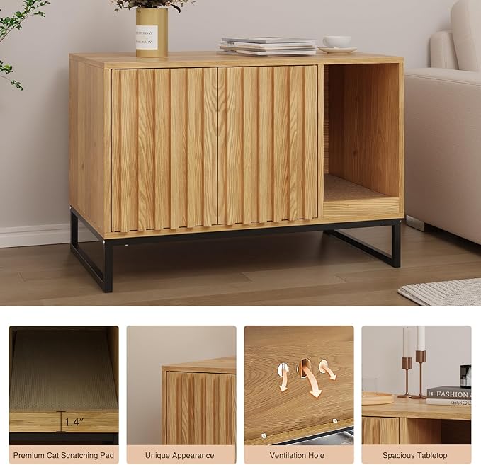 Litter Box Enclosure, Modern Cat Litter Box Enclosure Furniture Hidden Litter Box with Scratch Pad, Cat Washroom House End Table, Entryway Bench for Livingroom (Natural)