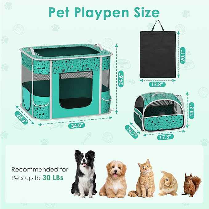 Cat Playpen - Portable Dog Playpen with Litter Box, Foldable Soft Dog Crate for Indoor/Outdoor, Pop Up Cat Enclosure, Collapsible Puppy Kitten Rabbit Cage Tent，2-Room