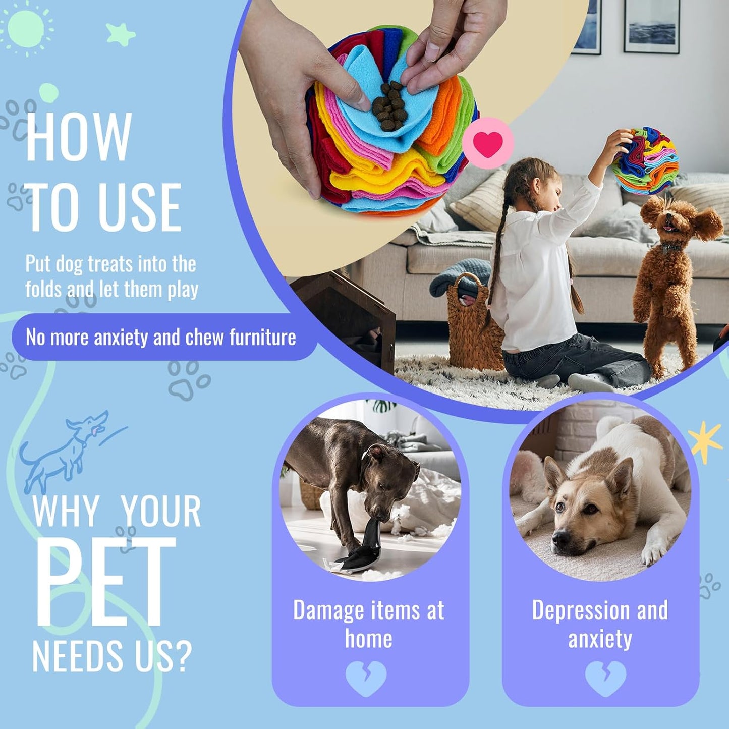 Pet Snuffle Ball, Puzzle Sniffing Interactive Dog Ball for Blind Dogs Training Stress Relief Dog Enrichment Toys Treat Machine Washable (20cm, Rainbow Color Upgrade)
