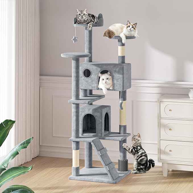 MoNiBloom 77 Inch Cat Tree Tower for Indoor Cats Large Adults, Tall Cat Tower with Scratching Post, Multi-Level Furniture Activity Center with Cat Condo Pet Play House, Light Grey