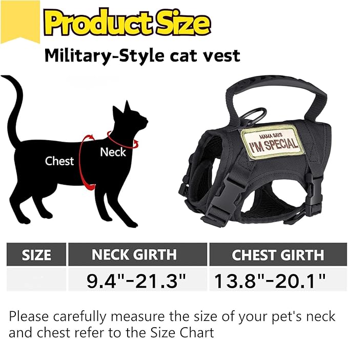 Tactical Cat Harness and Leash Set Soft Mesh Adjustable Large Cat Vest with Rubber Handle Easy to Control for Large Cat Small Dog Outdoor Walking
