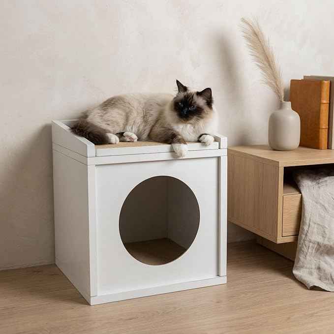 Meowdium Cat House – Cat Condo with Cardboard Scratcher, Scratching Post, Bed & Toy Storage, Cozy Cat Furniture & Accessories for Indoor Cats, White
