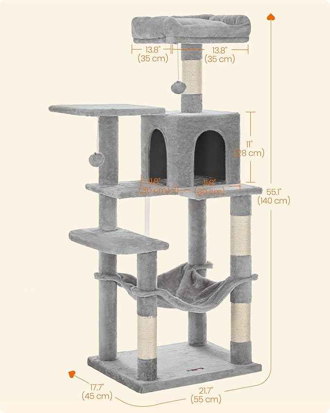 Feandrea Cat Tree, 55.1-Inch Cat Tower, Plush Multi-Level Condo with 4 Scratching Posts, 2 Perches, Hammock, Cave, Light Gray UPCT161W01