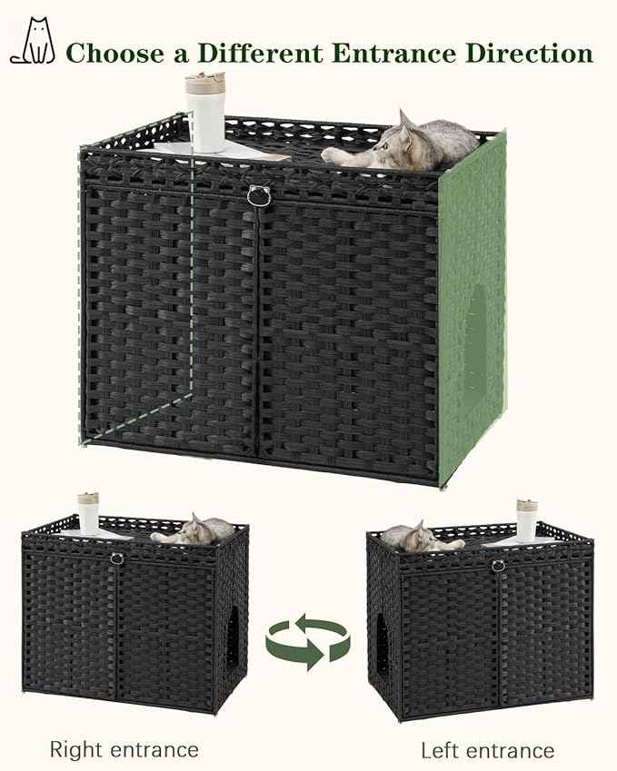 Cat Litter Box Enclosure Furniture, Hidden Litter Box, Cat Litter Box Cabinet with 2 Litter Mats, Handwoven Rattan Large Space Cat House, Indoor for Living Room, Bedroom, Apartment Black