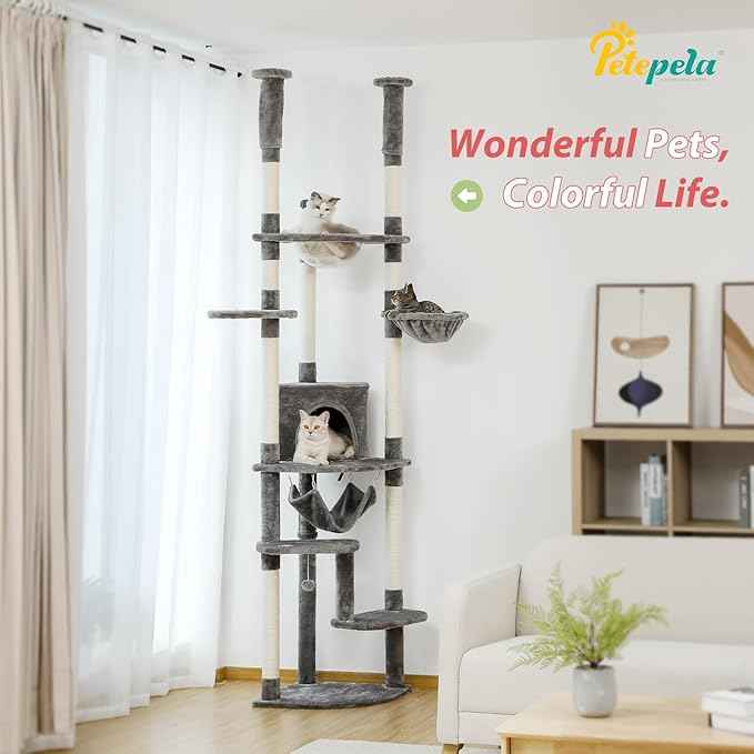 PETEPELA Floor to Ceiling Cat Tree, 92.9''-101.6''Height Adjustable Cat Tower Tall Cat Climbing Play House, Cozy Condo, Scratching Post and Spacious Hammock for Indoor Cats Large Adult, Gray