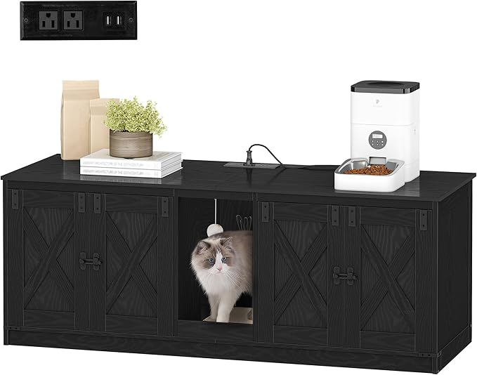 55" L Cat Litter Box Enclosure for 2 Cats, Double Hidden Litter Box Furniture with Scratch Pad, Wooden Cat Cabinet with USB Ports & Power Outlets, Farmhouse TV Stand, Black CB82504X