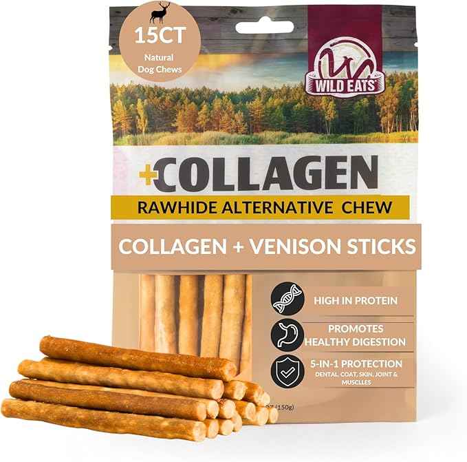 Wild Eats Venison Collagen Sticks for Dogs (15 Pack, 1 cm Wide) Long Lasting Dog Chews No Hide Dog Treat Bully Stick Alternative, Rawhide Free, Grain Free, High Protein