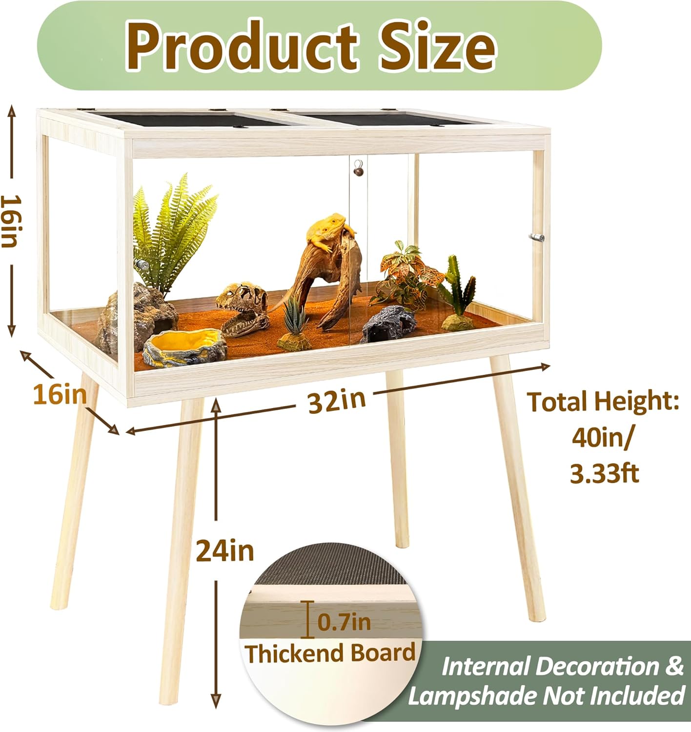 PROLEE Tempered Glass Reptile Enclosure with Leg,32“ Scratch-Proof Bearded Dragon Tank,32 Gallon Lizard Tank with Metal Mesh Tops and Lockable Door,Spacious Reptile Habitat for Snake,Lizard (Oak) - FurryFun