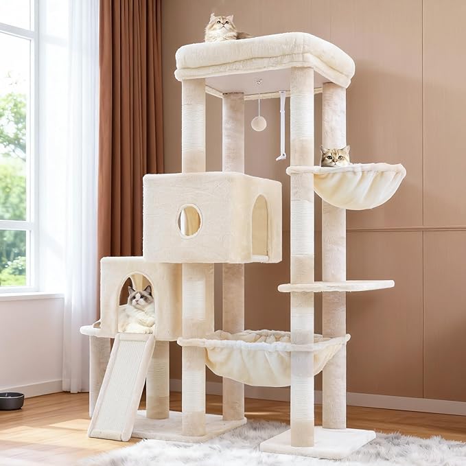 Hey-brother Cat Tree Tower, Scratching Posts with Big Platform, 2 Condos, Spacious Hammock, Cozy Basket, Sisal Board for Indoor Large Adults, 50 Inches Progressive Climbing House, Beige MPJ071M