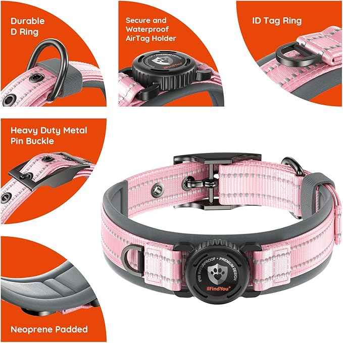 Upgraded AirTag Dog Collar with Holder, Waterproof Reflective Air Tag Dog Collar with Widened Comfortable Padding & Ultra-Durable Metal Buckle, Adjustable for Medium Dogs (M, Pink)
