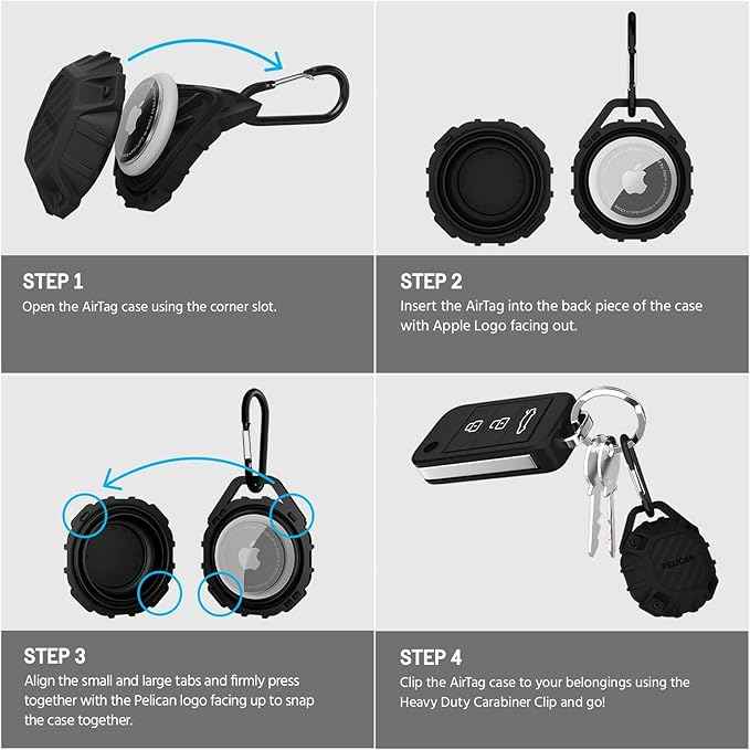 Pelican Marine AirTag Holder - Waterproof AirTag Keychain with Carabiner Clip [Impact Resistant] [Travel Essentials] Protective Apple Air Tag Case for Dog Collar, Backpack, Keys, Luggage - Black