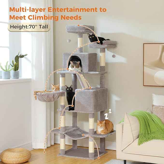 70.8" Tall Cat Tree for Indoor Cats Large Adult, Multi-Level Climbing Tower with Perches, Condo, Hammock, and Sisal Scratching Posts, Easy to Assemble, Light Gray