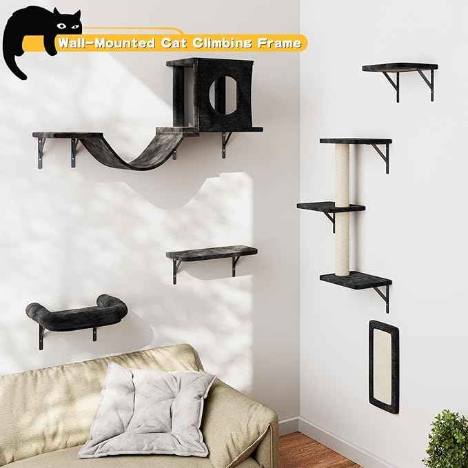 NUNU LAB Wall Mounted Cat Wall Shelves, 12-in-1 Cat Wall Climber with Condos House, Scratching Post, Bridge Ladder, Indoor Space-Saving Furniture for Kittens Play, Black