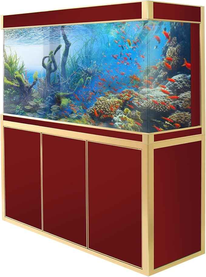 170 Gallon Aquarium Fish Tank LED Light Pump Freshwater Filter Upright Fishtank Stand Bundle Straight Corners Ultra Clear Tempered Glass with Complete Aquarium Setup (Red with Gold Trim)